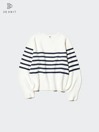 Uniqlo Women's 3d Knit Cotton Volume Sleeve Sweater Stripe, Off White, 2xl, 100% Cotton