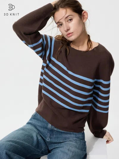 Uniqlo Women's 3d Knit Cotton Volume Sleeve Sweater Striped Brown 2xl 100% Cotton  Us In Multi