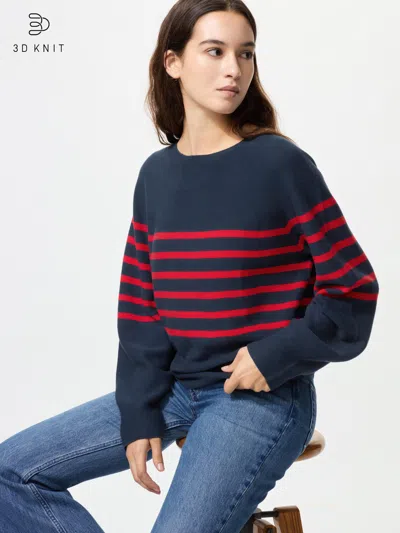Uniqlo Women's 3d Knit Cotton Volume Sleeve Sweater Striped Navy Xl 100% Cotton  Us In Black