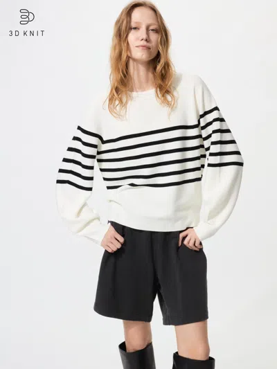 Uniqlo Women's 3d Knit Cotton Volume Sleeve Sweater Striped Off White Medium 100% Cotton  Us In Multi