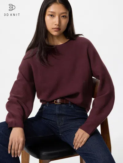Uniqlo Women's 3d Knit Cotton Volume Sleeve Sweater, Wine, Large, 100% Cotton In Burgundy