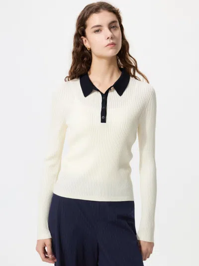 Uniqlo Women's 3d Knit Merino Blend Polo Sweater, Off White, 2xs