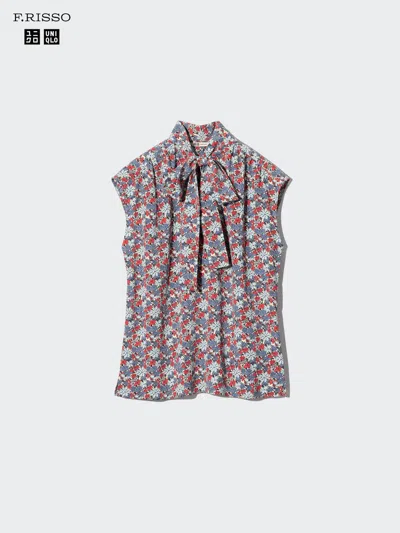 Uniqlo Women's Bow Tie Sleeveless Blouse Print, Blue, Large