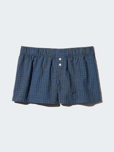 Uniqlo Women's Cotton Boxer Easy Shorts Check, Blue, Small, 100% Cotton In Animal Print
