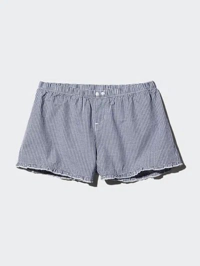 Uniqlo Women's Cotton Boxer Easy Shorts Gingham, Navy, Medium, 100% Cotton In Blue