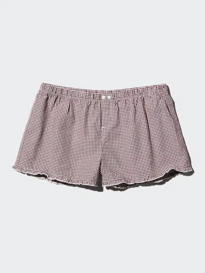 Uniqlo Women's Cotton Boxer Easy Shorts Gingham, Wine, Large, 100% Cotton In Pink