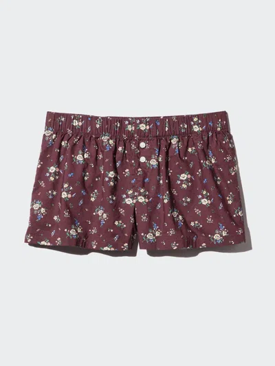 Uniqlo Women's Cotton Boxer Easy Shorts Print, Wine, Xl, 100% Cotton In Animal Print