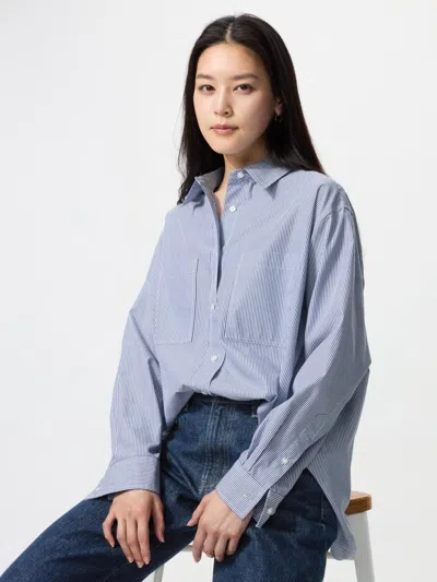 Uniqlo Women's Cotton Oversized Shirt Striped, Blue, 2xs, 100% Cotton In Multi