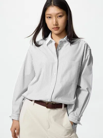 Uniqlo Women's Cotton Oversized Shirt Striped, Gray, 2xs, 100% Cotton In Multi