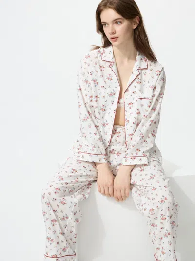 Uniqlo Women's Cotton Pajamas Long Sleeve Flower, Off White, Xs, 100% Cotton
