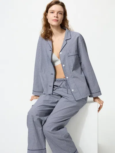 Uniqlo Women's Cotton Pajamas Long Sleeve Gingham Check, Navy, Xs, 100% Cotton