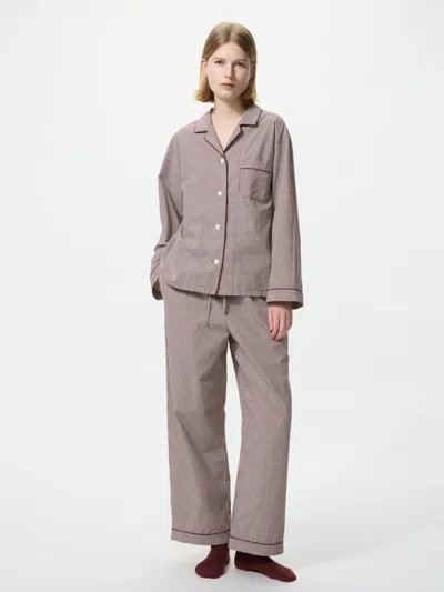 Uniqlo Women's Cotton Pajamas Long Sleeve Gingham Check, Wine, Xs, 100% Cotton