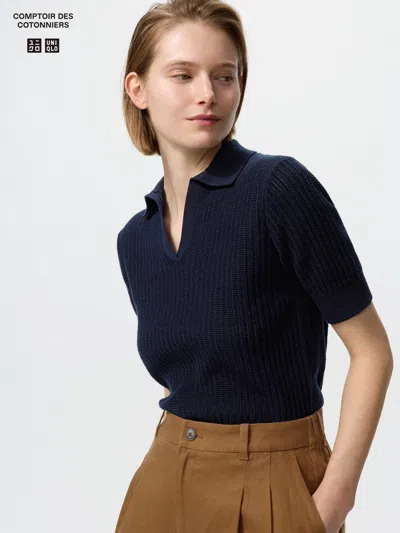 Uniqlo Women's Cotton Pointelle Skipper Polo Sweater Navy Medium  Us In Blue