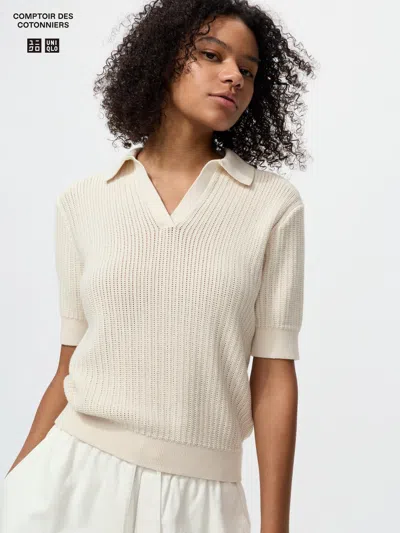 Uniqlo Women's Cotton Pointelle Skipper Polo Sweater Off White Large  Us