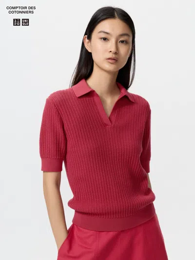Uniqlo Women's Cotton Pointelle Skipper Polo Sweater Red Xl  Us