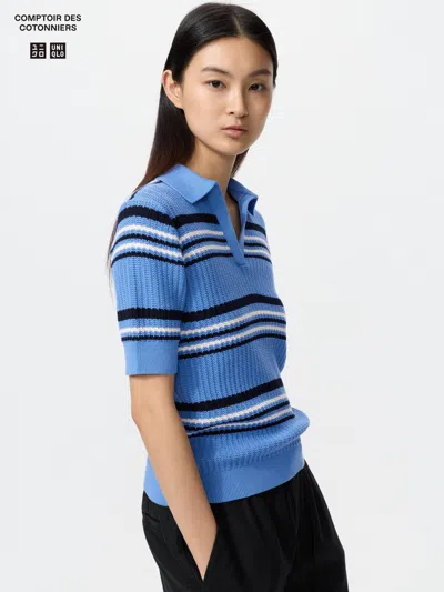 Uniqlo Women's Cotton Pointelle Skipper Polo Sweater Striped Blue Xl  Us