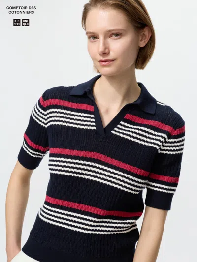 Uniqlo Women's Cotton Pointelle Skipper Polo Sweater Striped Navy Medium  Us In Multi