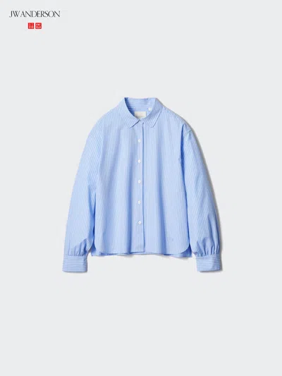 Uniqlo Women's Cotton Volume Sleeve Shirt Striped, Blue, Large, 100% Cotton