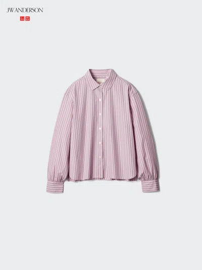 Uniqlo Women's Cotton Volume Sleeve Shirt Striped, Pink, Large, 100% Cotton