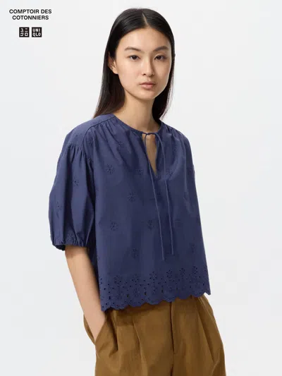 Uniqlo Women's Embroidery Half Sleeve Blouse Blue Large  Us