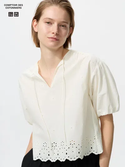 Uniqlo Women's Embroidery Half Sleeve Blouse Off White Large  Us