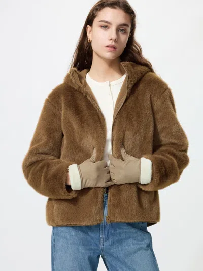 Uniqlo Women's Faux Fur Hooded Jacket, Brown, 2xs