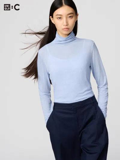 Uniqlo Women's Heattech Cashmere Blend T-shirt Extra Warm Turtleneck With Moisture-wicking Blue Xl  U