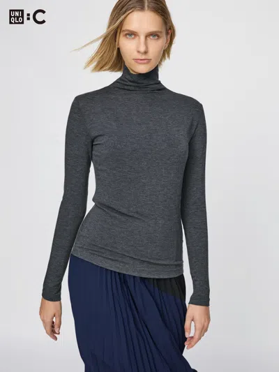 Uniqlo Women's Heattech Cashmere Blend T-shirt Extra Warm Turtleneck With Moisture-wicking Gray 2xl   In Blue