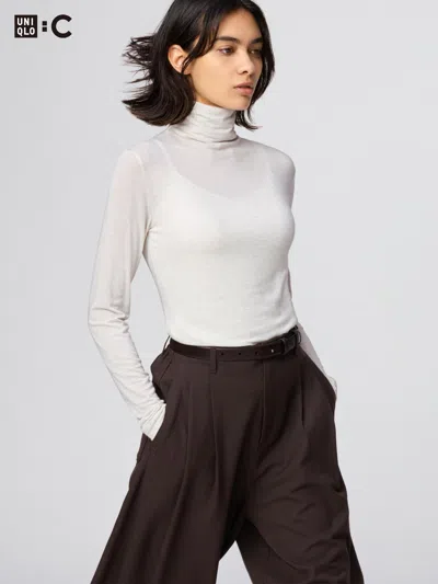 Uniqlo Women's Heattech Cashmere Blend T-shirt Extra Warm Turtleneck With Moisture-wicking Natural 2xl Uniq In Neutral