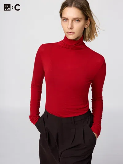 Uniqlo Women's Heattech Cashmere Blend T-shirt Extra Warm Turtleneck With Moisture-wicking Red Medium Uniql