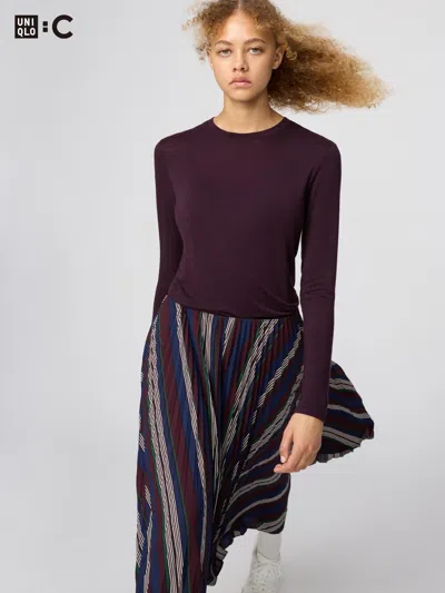 Uniqlo Women's Heattech Cashmere Blend T-shirt Extra Warm With Moisture-wicking Dark Purple Xl  Us In Burgundy