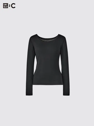 Uniqlo Women's Heattech Extra Warm Cashmere Blend T-shirt Scoop Neck With Moisture-wicking, Black, Medium