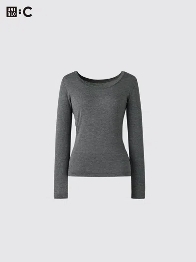 Uniqlo Women's Heattech Extra Warm Cashmere Blend T-shirt Scoop Neck With Moisture-wicking, Gray, Small