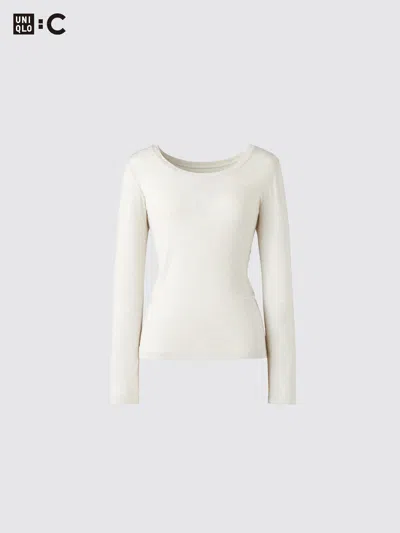 Uniqlo Women's Heattech Extra Warm Cashmere Blend T-shirt Scoop Neck With Moisture-wicking, Natural, Large In Neutral