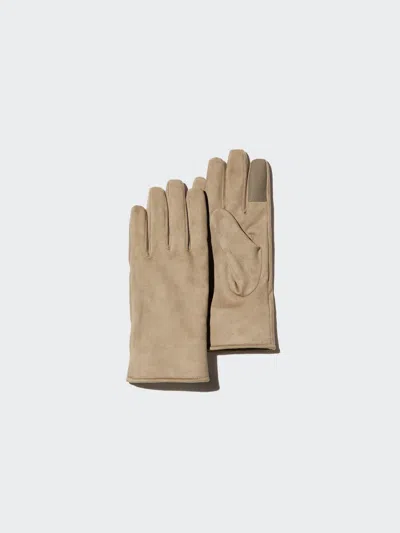 Uniqlo Women's Heattech Lined Gloves Faux Suede, Beige, Medium In Green