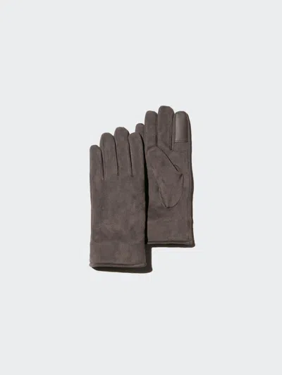 Uniqlo Women's Heattech Lined Gloves Faux Suede, Dark Brown, Medium In Gray