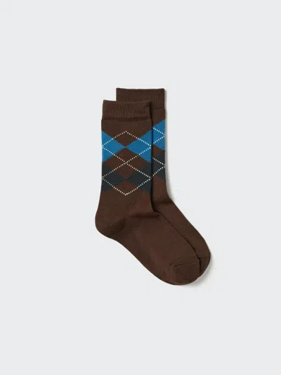Uniqlo Women's Heattech Socks Argyle With Odor Control, Dark Brown, Us W 7.5-10