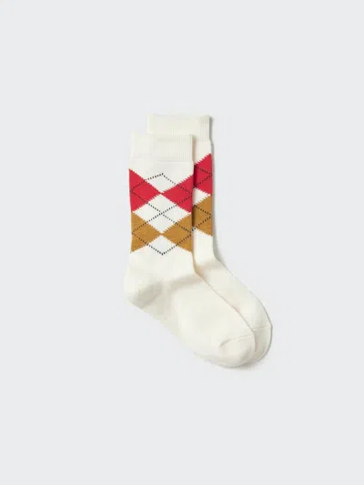 Uniqlo Women's Heattech Socks Argyle With Odor Control, Off White, Us W 7.5-10