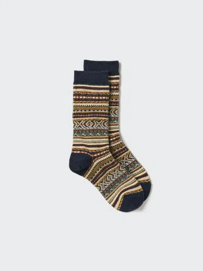 Uniqlo Women's Heattech Socks Fair Isle With Odor Control, Navy, Us W 7.5-10 In Brown