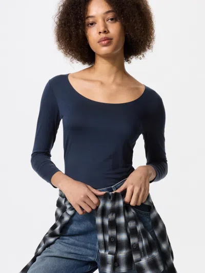 Uniqlo Women's Heattech T-shirt Scoop Neck With Moisture-wicking Blue 2xl  Us