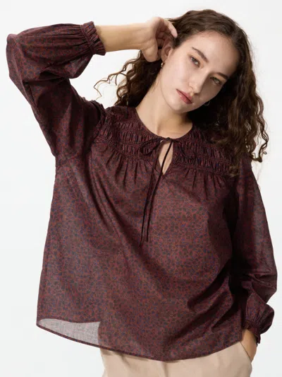Uniqlo Women's Light Cotton Shirring Blouse Print Dark Brown Large  Us