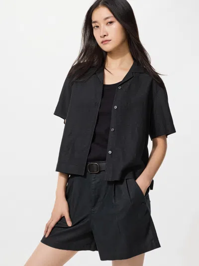 Uniqlo Women's Linen Blend Open Collar Shirt Short Sleeve Black 2xl  Us