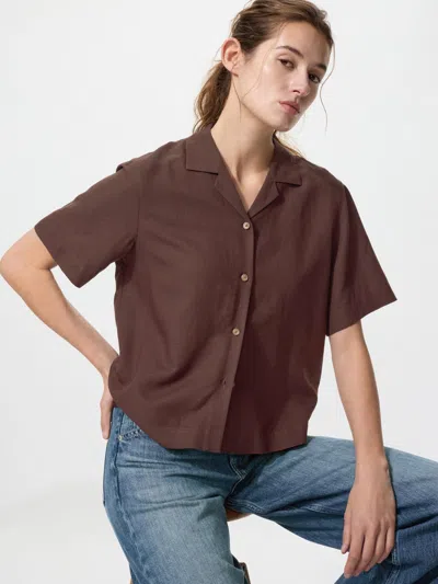 Uniqlo Women's Linen Blend Open Collar Shirt Short Sleeve Brown 2xl  Us