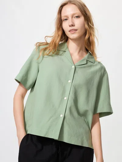 Uniqlo Women's Linen Blend Open Collar Shirt Short Sleeve Green Large  Us