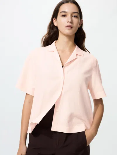 Uniqlo Women's Linen Blend Open Collar Shirt Short Sleeve Pink Xl  Us