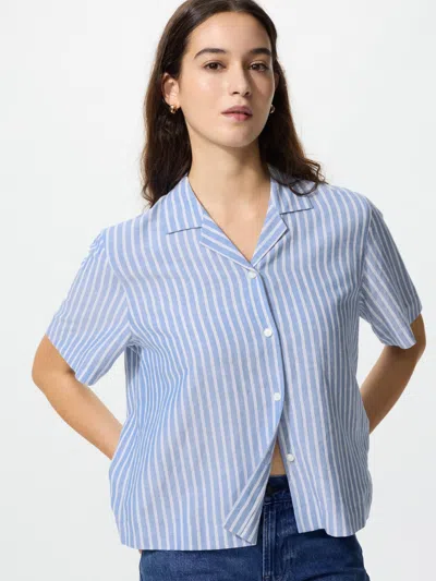 Uniqlo Women's Linen Blend Open Collar Shirt Short Sleeve Striped Blue 2xl  Us