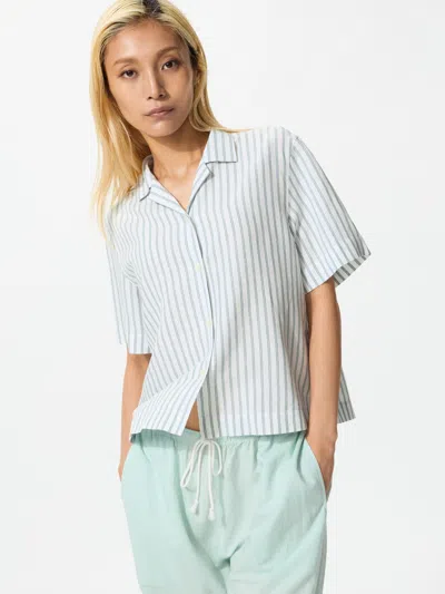 Uniqlo Women's Linen Blend Open Collar Shirt Short Sleeve Striped Green Medium  Us In Blue