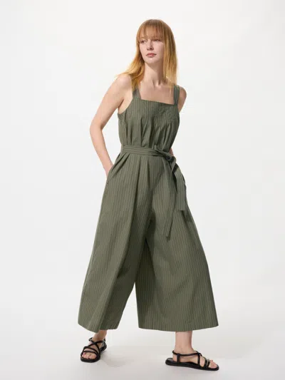 Uniqlo Women's Linen Blend Tucked Jumpsuit Striped Olive Large  Us In Green