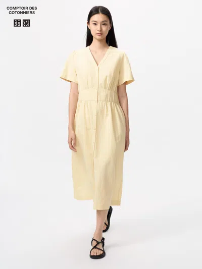 Uniqlo Women's Linen Blend V-neck Dress Short Sleeve Beige Medium  Us In Yellow