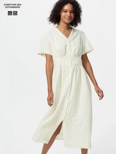 Uniqlo Women's Linen Blend V-neck Dress Striped Off White Small  Us